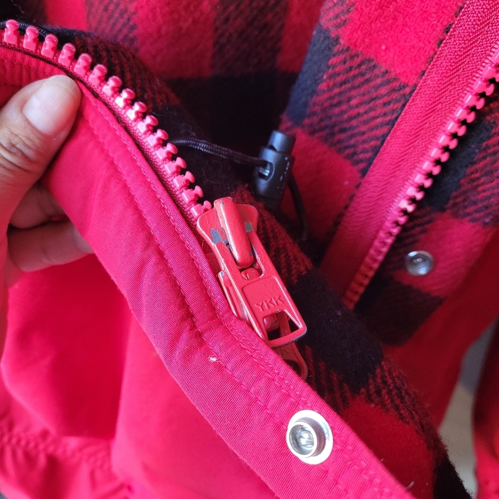 Vintage LL Bean Baxter State Parka Jacket Plaid Wool Lined Hood Red Womens Large - Picture 10 of 16